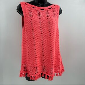Lilly Pulitzer Neon Coral Pink Sleeveless Sweater Vest Crochet Fringe Top